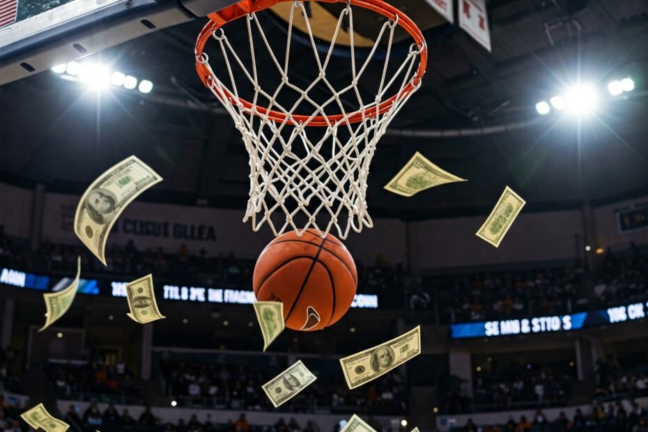 Basketball with money floating beneath the hoop
