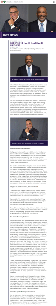 Screenshot of HWS article on NIL leadership