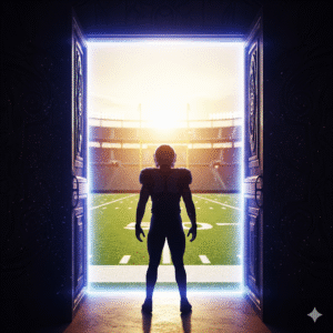 Football player entering the doorway to the field