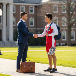 business man and student athlete shaking hands
