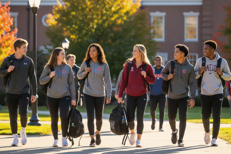 Student-athletes walking across capus