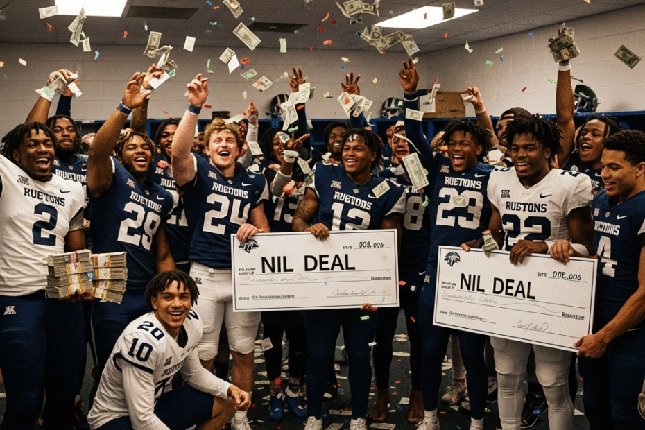 NIL Deal: the team celebrates with big checks and dollars raining down